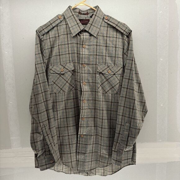 Vintage Levi's Men's L Plaid Flannel Shirt Beige Red Button Down Poly/Cotton EUC - Picture 1 of 5